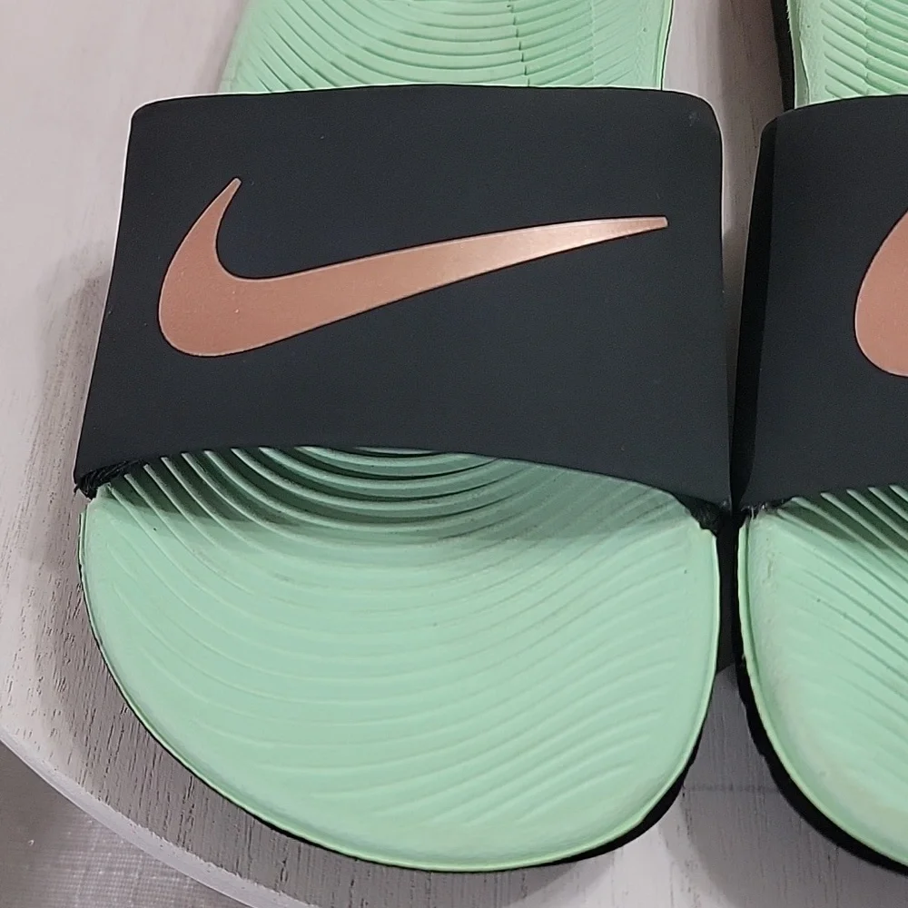 Nike Kawa Slide Black Mint Bronze Girls Size 13 New